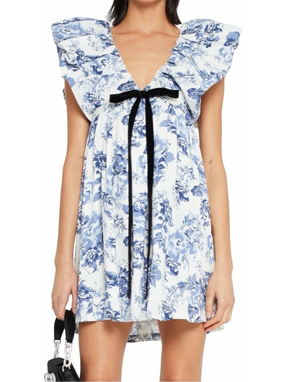 NWT O.P.T ‘Didi’ Puff Sleeve Mini Dress in Blue & White Floral Toile Size Large